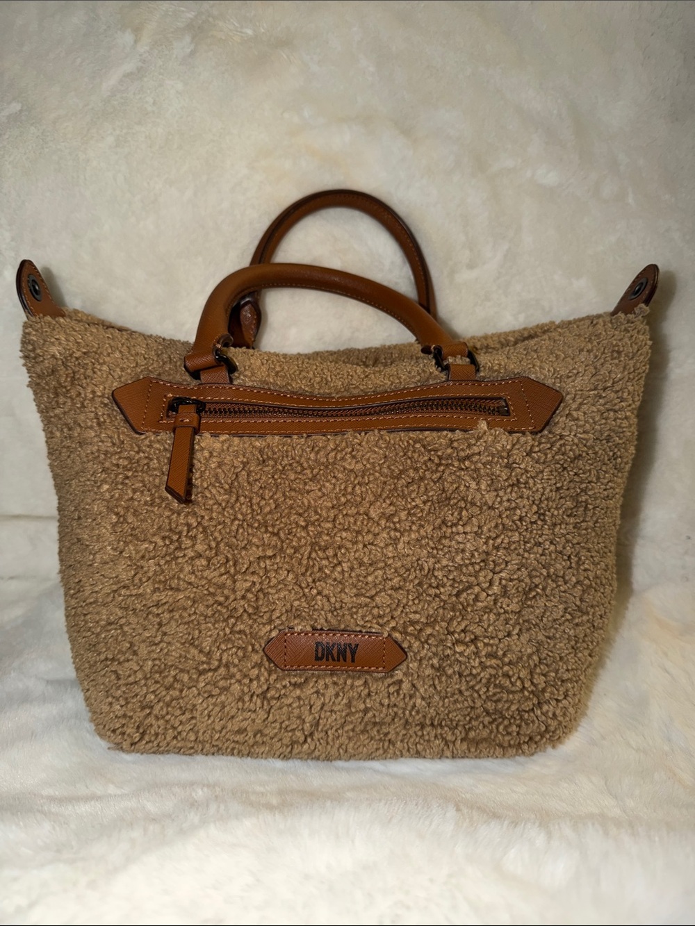 DKNY Camel Sherpa Tote with Leather Trim